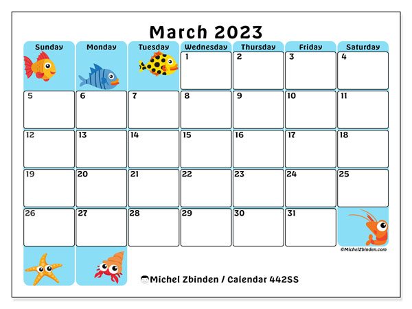 Printable calendar, March 2023, 442SS