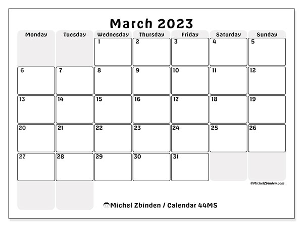 Printable calendar, March 2023, 44MS