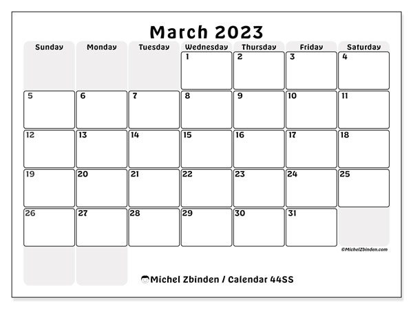 Printable calendar, March 2023, 44SS