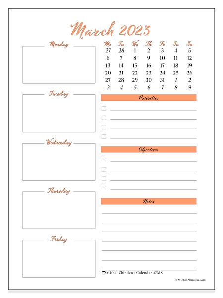 47MS calendar, March 2023, for printing, free. Free diary to print