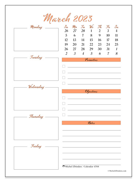 47SS calendar, March 2023, for printing, free. Free diary to print
