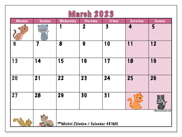 Printable calendar, March 2023, 481MS