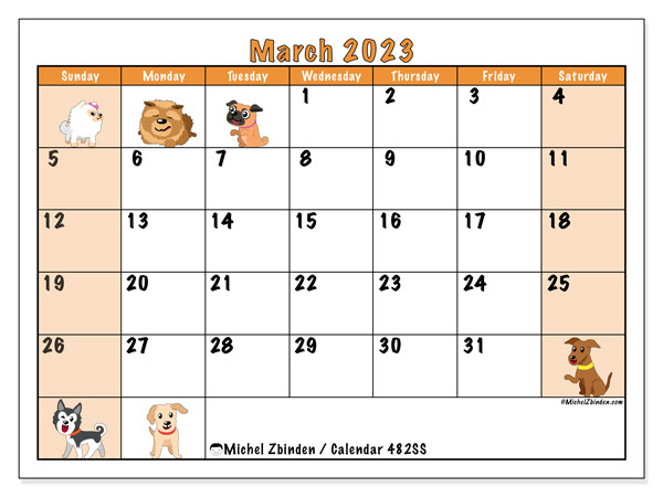 Printable calendar, March 2023, 482SS