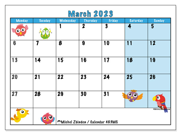 Printable calendar, March 2023, 483MS