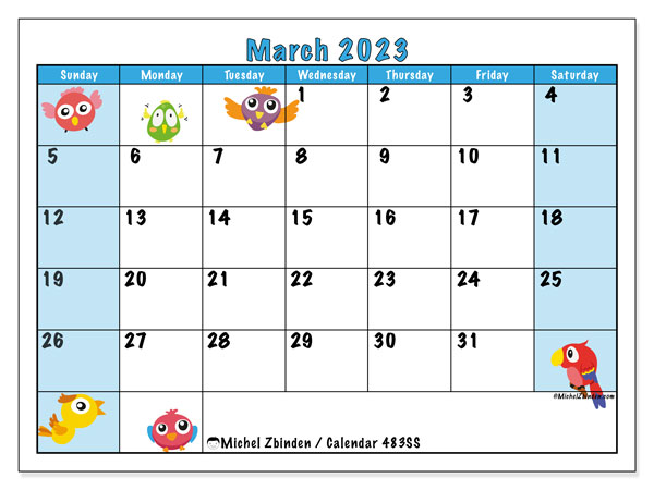 Calendar 483SS, March 2023, to print, free. Free diary to print