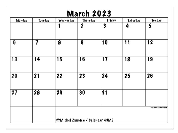 Printable March 2023 calendar. Monthly calendar “48MS” and free printable timetable