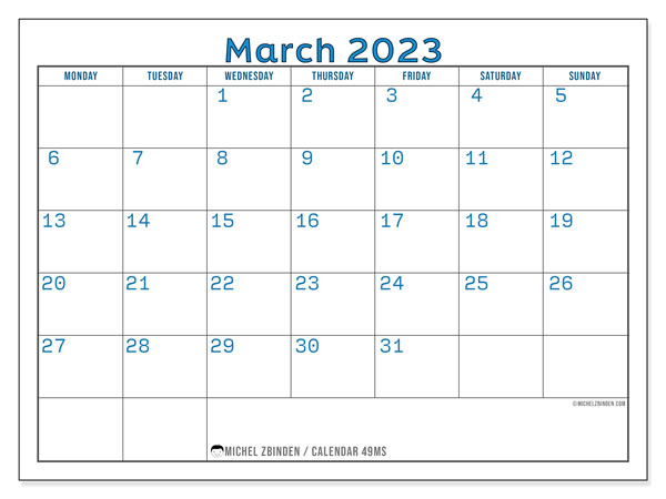 Printable calendar, March 2023, 49MS