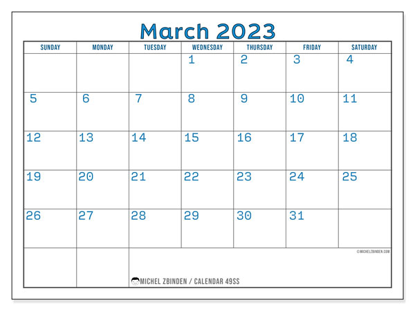 Printable calendar, March 2023, 49SS