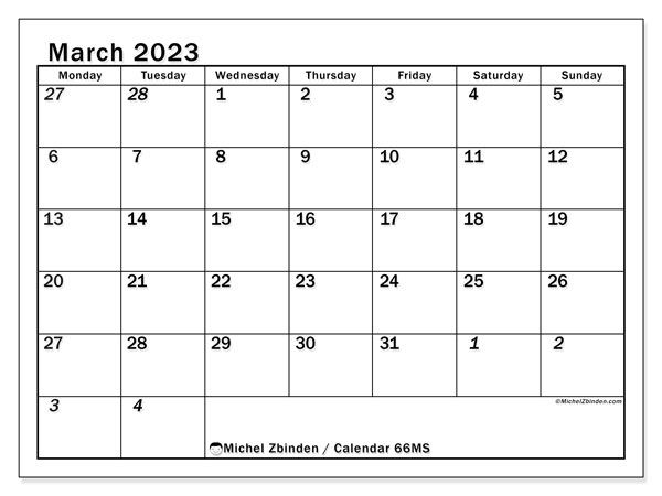 Printable calendar, March 2023, 501MS