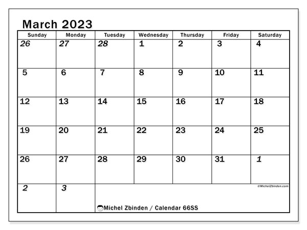 Printable calendar, March 2023, 501SS