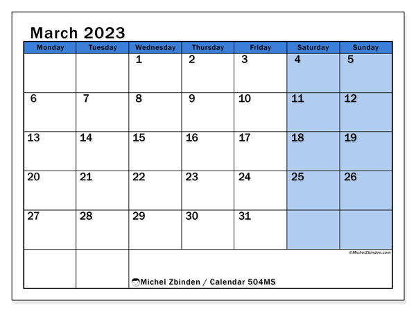 Printable calendar, March 2023, 504MS