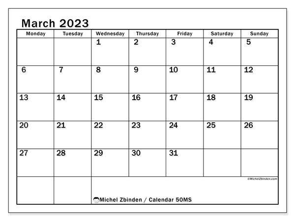 Printable March 2023 calendar. Monthly calendar “50MS” and free schedule to print