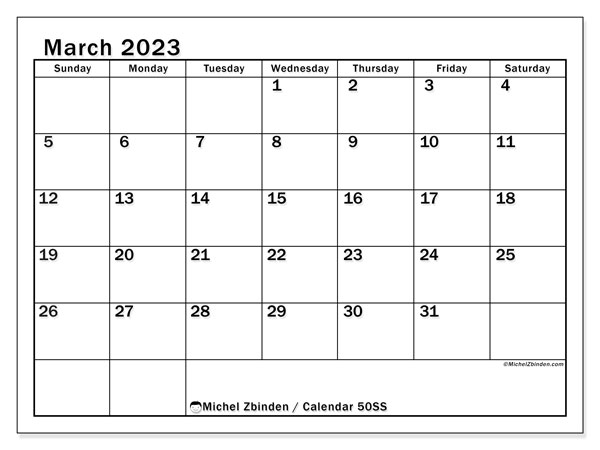 Printable calendar, March 2023, 50SS