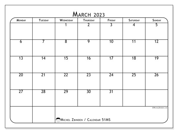 Calendar 51MS, March 2023, to print, free. Free timeline to print
