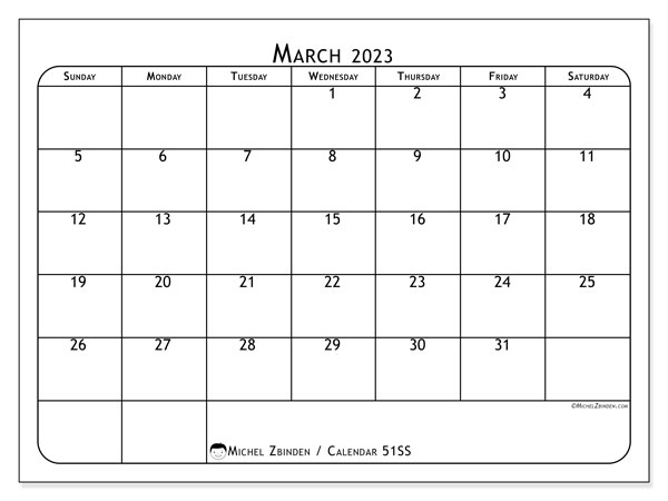 Calendar 51SS, March 2023, to print, free. Free agenda to print