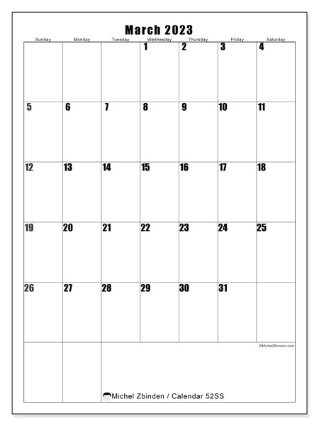 Printable calendar, March 2023, 52MS