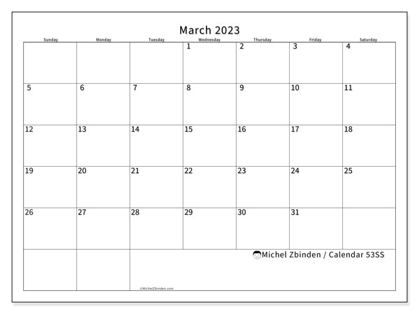Calendar 53SS, March 2023, to print, free. Free printable agenda