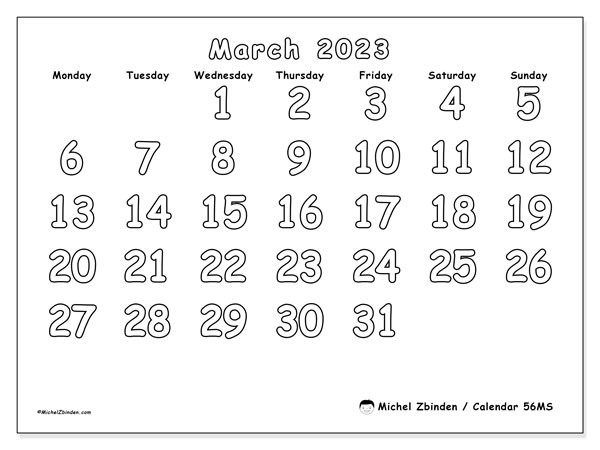 Printable calendar, March 2023, 56MS