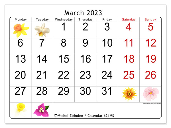Calendar 621MS, March 2023, to print, free. Free plan to print