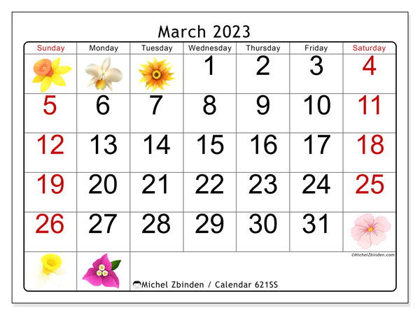 Printable calendar, March 2023, 621SS