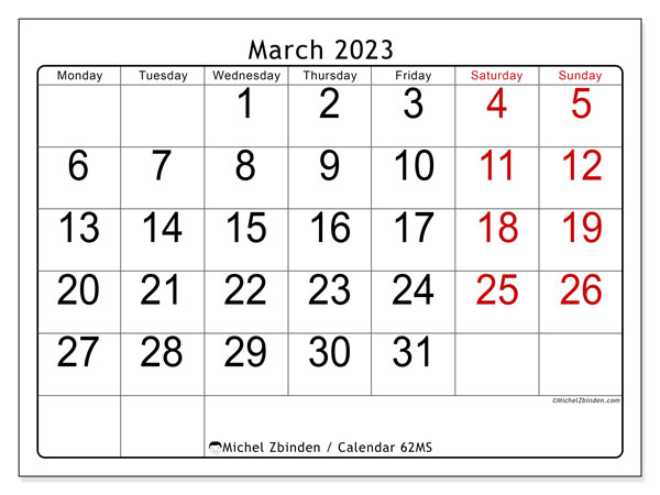 Printable calendar, March 2023, 62MS