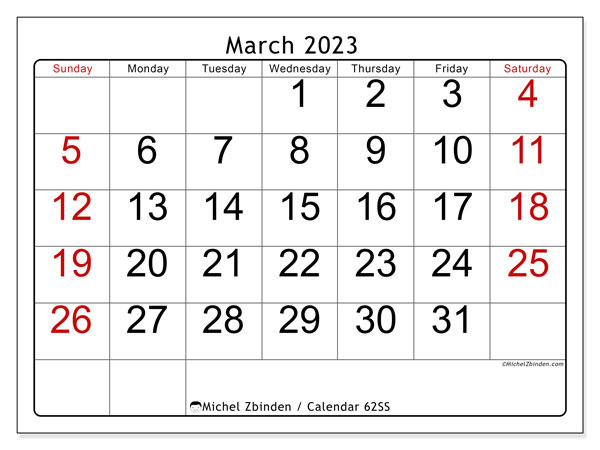 Printable calendar, March 2023, 62MS
