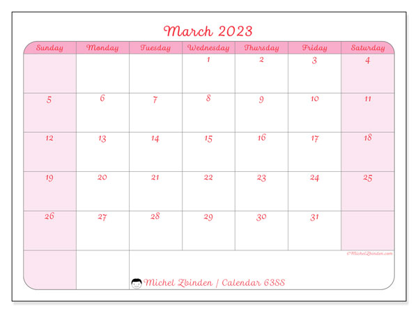 Printable calendar, March 2023, 63SS