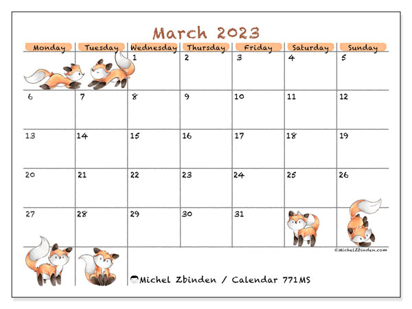 Printable calendar, March 2023, 771MS