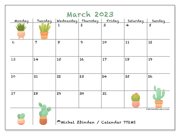 Printable calendar, March 2023, 772MS
