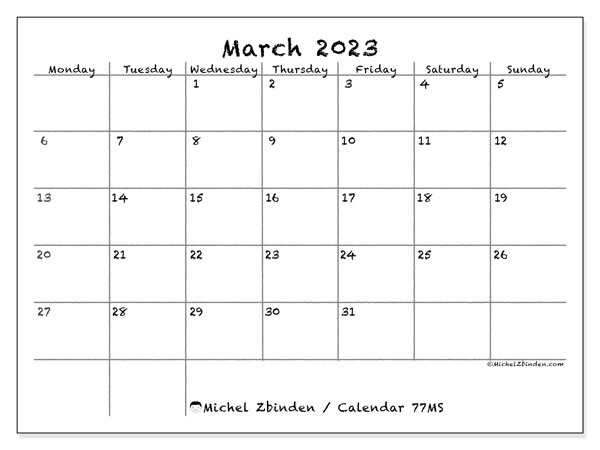 Printable calendar, March 2023, 77MS