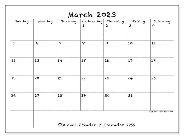 Calendar 77SS, March 2023, to print, free. Free agenda to print