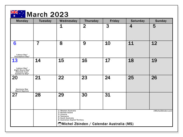 Printable calendar, March 2023, Australia (MS)