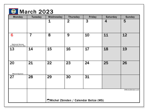 Printable calendar, March 2023, Belize (MS)
