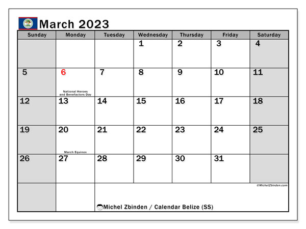 Printable calendar, March 2023, Belize (SS)
