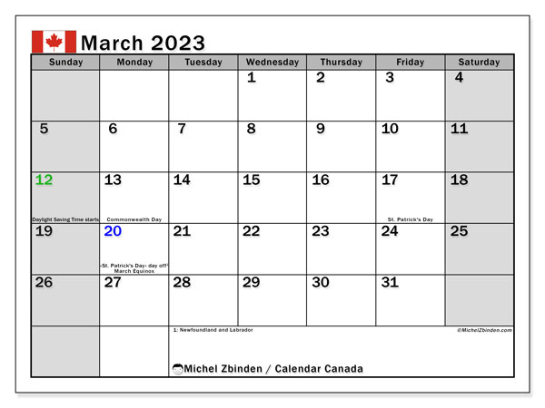 Calendar with Canadian public holidays, March 2023, to print, free. Free timetable to print
