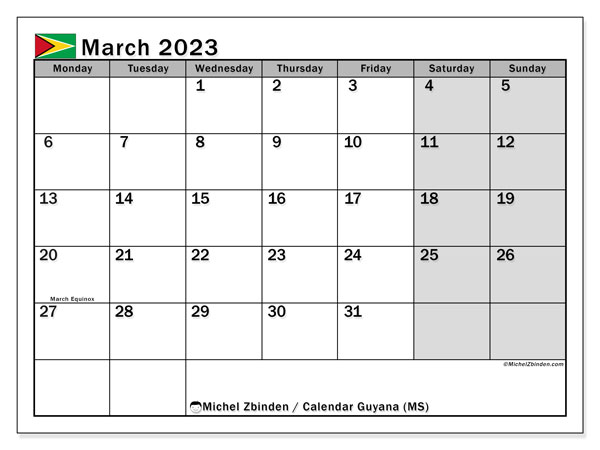 Calendar with public holidays in Guyana, March 2023, for printing, free. Free schedule to print
