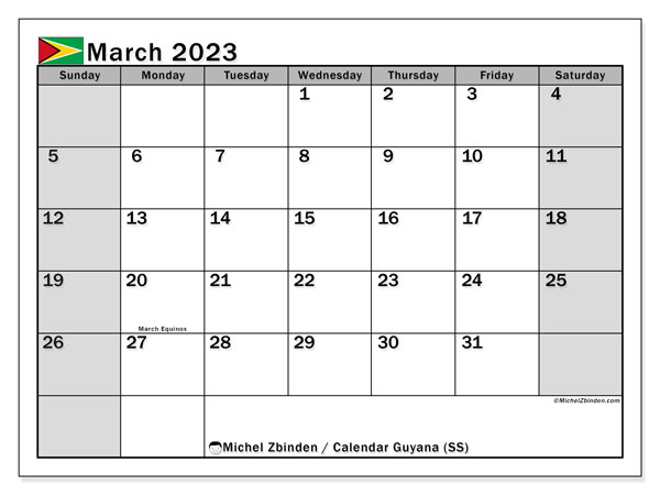 Calendar with public holidays in Guyana, March 2023, for printing, free. Free planner to print