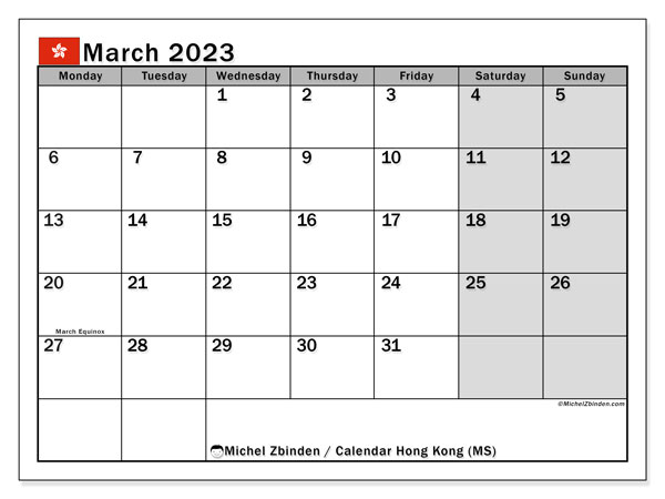 Printable calendar, March 2023, Hong Kong (MS)