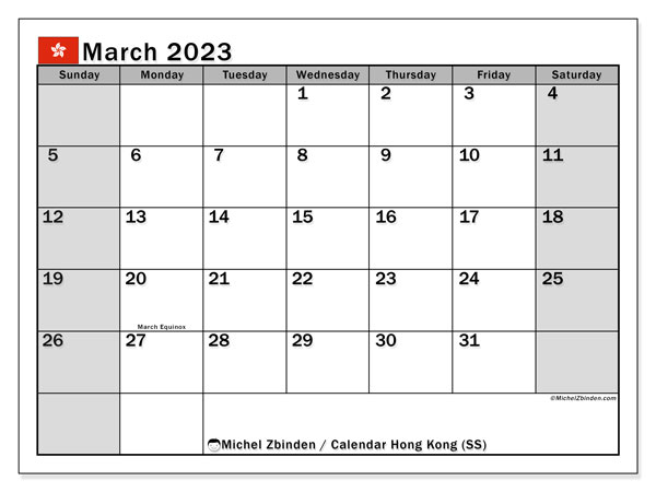 Printable calendar, March 2023, Hong Kong (SS)