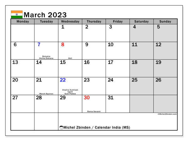 Printable calendar, March 2023, India (MS)
