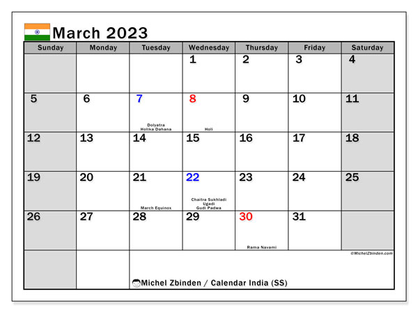 Printable calendar, March 2023, India (SS)
