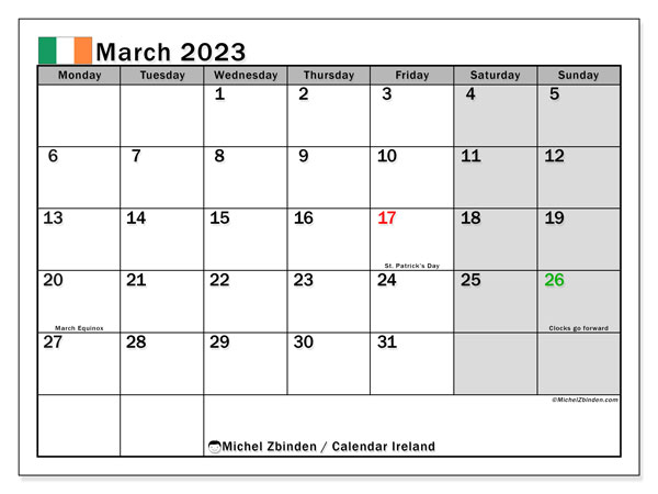 Calendrier mars 2023, Irlande (EN), prêt à imprimer et gratuit.