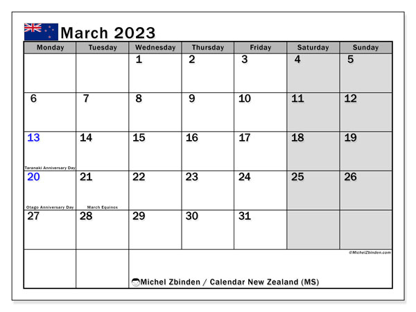 Printable calendar, March 2023, New Zealand (MS)