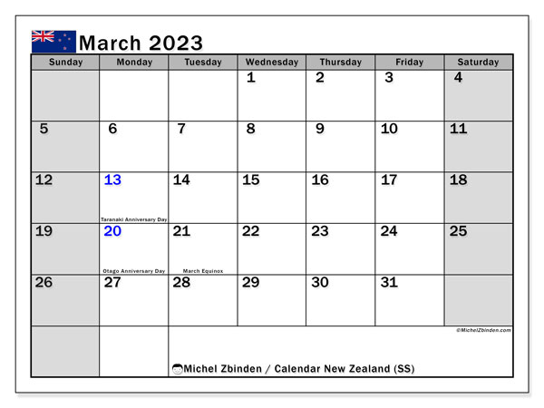 Printable calendar, March 2023, New Zealand (SS)
