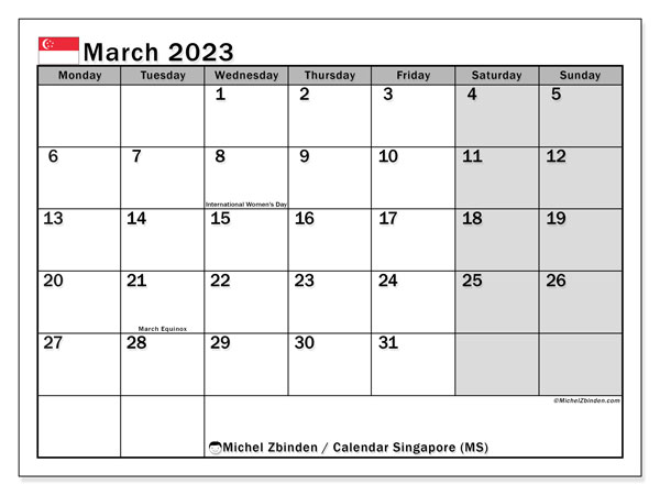 Calendar with Singapore public holidays, March 2023, for printing, free. Free diary to print
