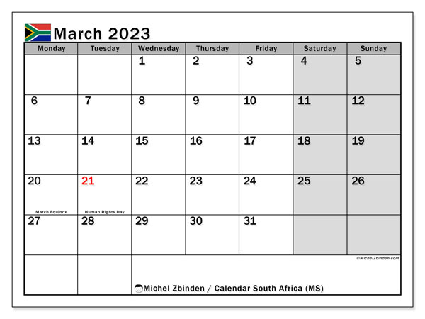 Printable calendar, March 2023, South Africa (MS)