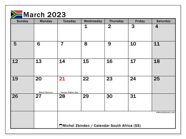 South Africa public holidays calendar, March 2023, for printing, free. Free program to print