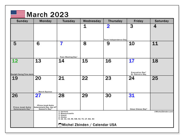 Calendar with US public holidays, March 2023, to print, free. Free plan to print