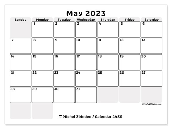 Printable calendar, May 2023, 44SS