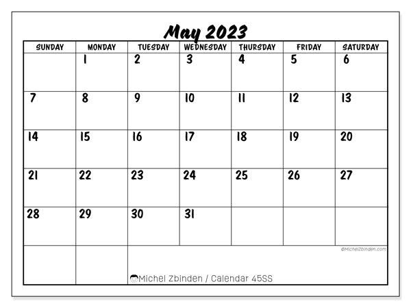 45SS calendar, May 2023, for printing, free. Free timeline to print